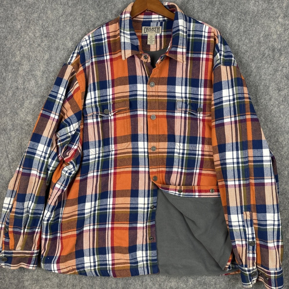 Duluth Trading Shacket Mens 3XL Orange Plaid Flannel Fleece Lined Shirt Jacket
